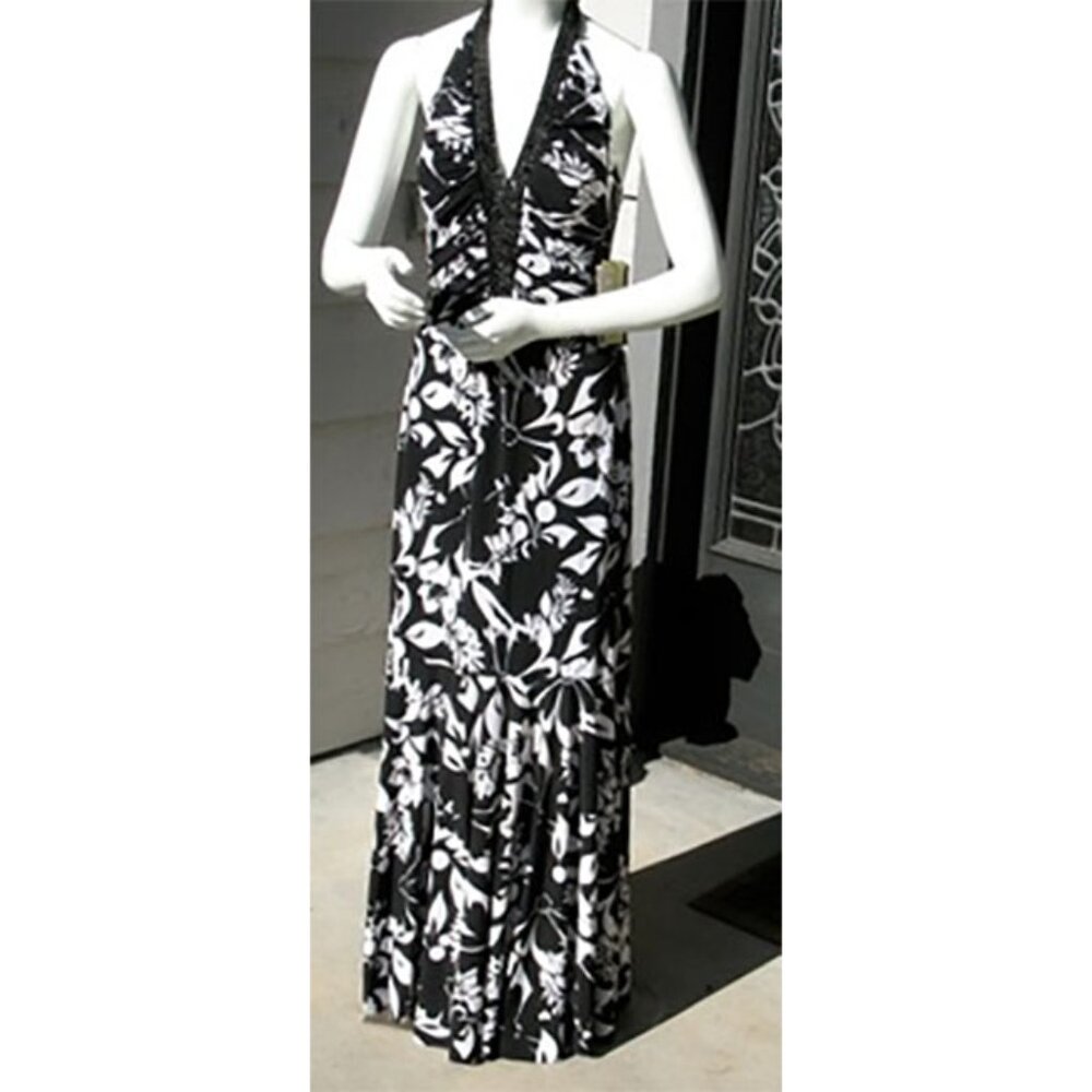 Vintage JS Boutique B & W Long Halter Dress Rhinestone Trim Lord & Taylor 8 NWT